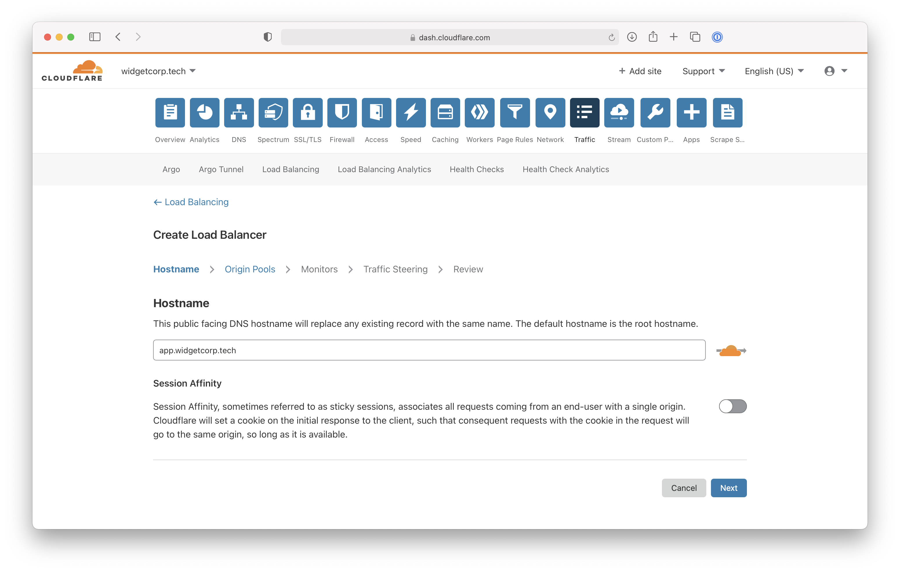 Cloudflare dashboard screen that shows how to create a load balancer