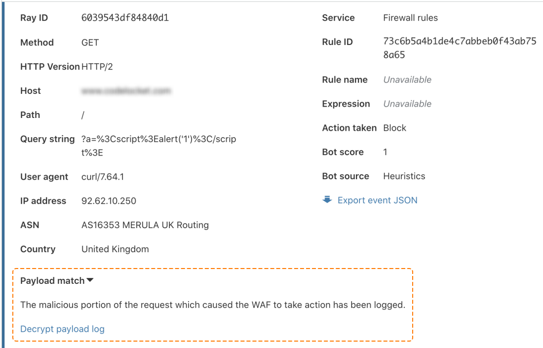 Example of a firewall event with available payload match data (still encrypted)