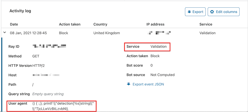 Activity log displaying an example of a validation check event